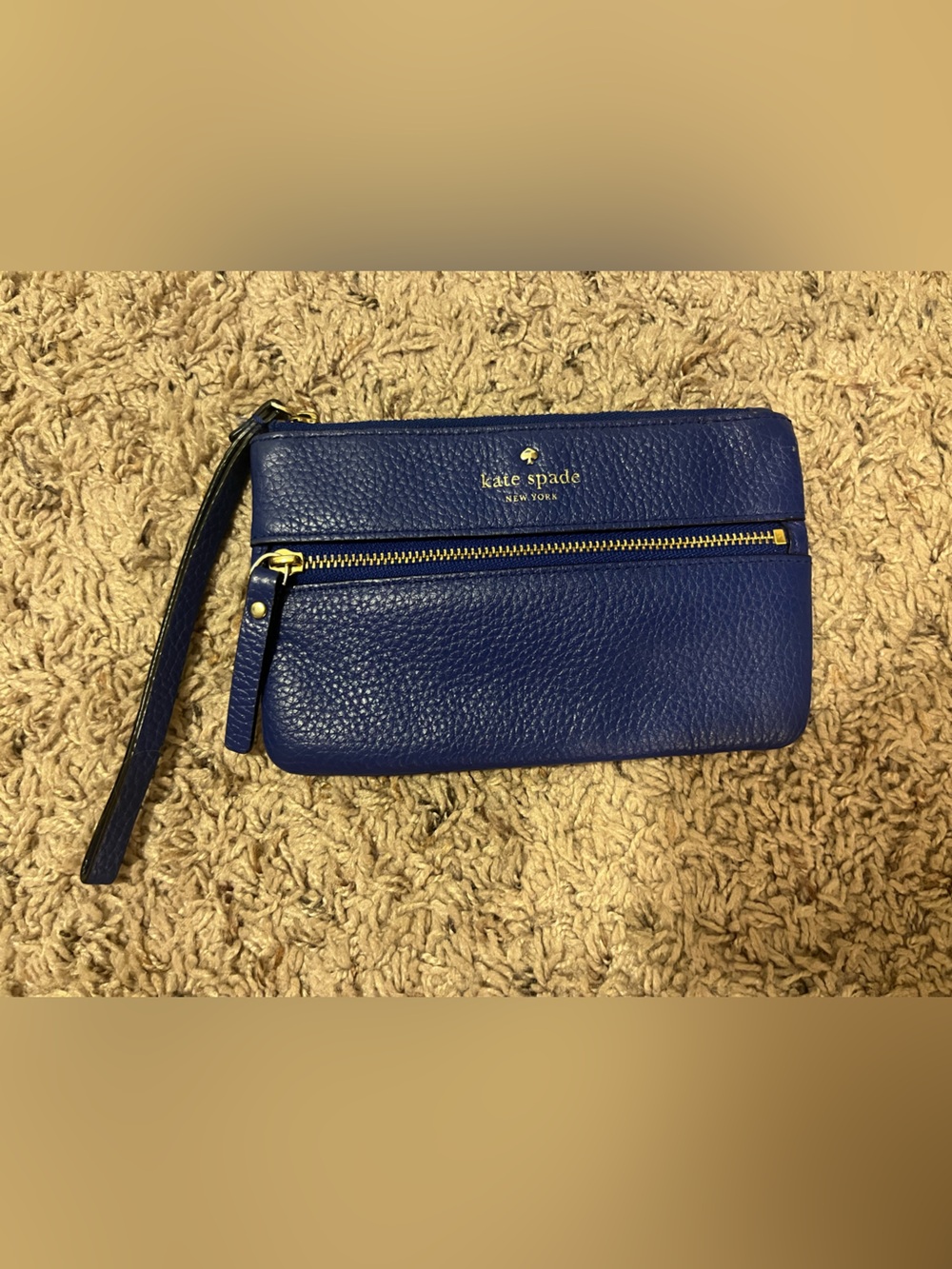 kate spade Blue Pebbled Leather Wristlet with Gold Hardware